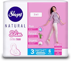 Sleepy Natural SLIM EXTRA THIN 3 в 1 Night Супертонкие женские гигиенические прокладки, 6 шт
