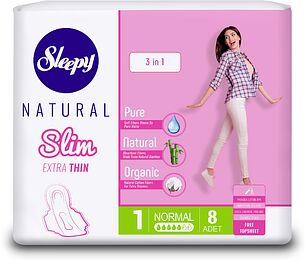 Sleepy Natural SLIM EXTRA THIN 3 в 1 Normal Супертонкие женские гигиенические прокладки, 8 шт