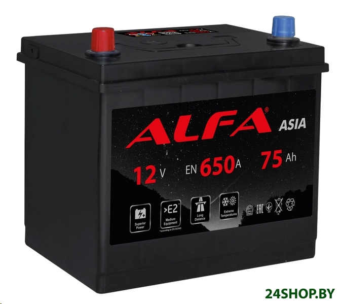 Автомобильный аккумулятор ALFA Asia JL 650A (75 А·ч) Автомобильный аккумулятор ALFA Asia JL 650A (75 А·ч)