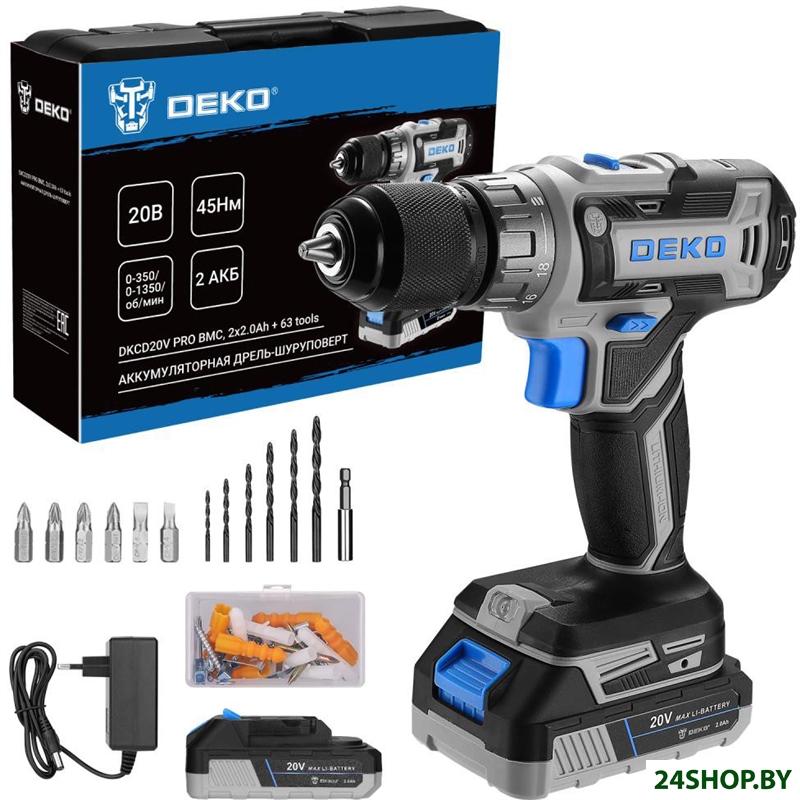 Дрель-шуруповерт Deko DKCD20V PRO 080-1001 (с 2-мя АКБ, кейс, оснастка) Дрель-шуруповерт Deko DKCD20V PRO 080-1001 (с 2-мя АКБ, кейс, оснастка)