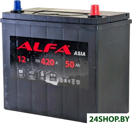 Автомобильный аккумулятор ALFA Asia JR+ тонкие клеммы (50 А·ч) Автомобильный аккумулятор ALFA Asia JR+ тонкие клеммы (50 А·ч)