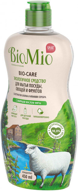 BioMio BIO-CARE Экол. ср-во д/мытья посуды, овощ и фруктов с эф.маслом МЯТЫ, экстр. ХЛОПКА, 450 мл BioMio BIO-CARE Экол. ср-во д/мытья посуды, овощ и фруктов с эф.маслом МЯТЫ, экстр. ХЛОПКА, 450 мл