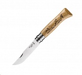Картинка Нож туристический OPINEL №8 / 002333 (нержавеющая сталь, дуб, гравировка заяц)