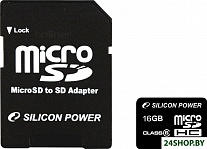Карта памяти Silicon-Power microSDHC (Class 4) 16 Гб (SP016GBSTH004V10-SP) С адаптером.