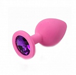 Картинка Силиконовая анальная пробка M розовая с фиолетовым камнем